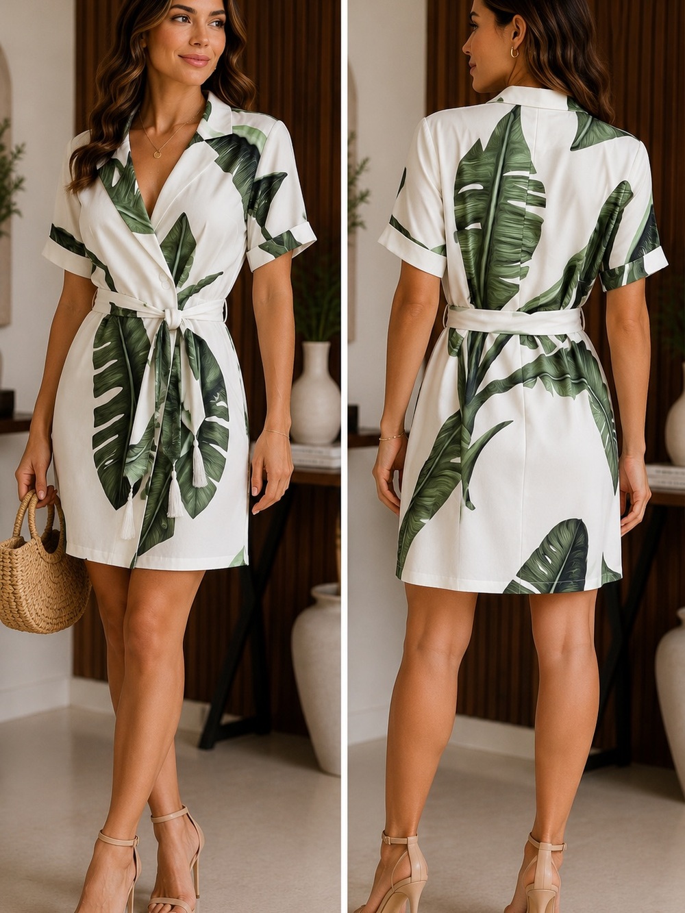 L’Atiste Tropical Leaf Print Blazer Wrap Dress White Green Size M